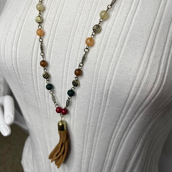 Chico's beaded pendant tassel necklace signed costume jewelry neutral natural - Picture 2 of 12